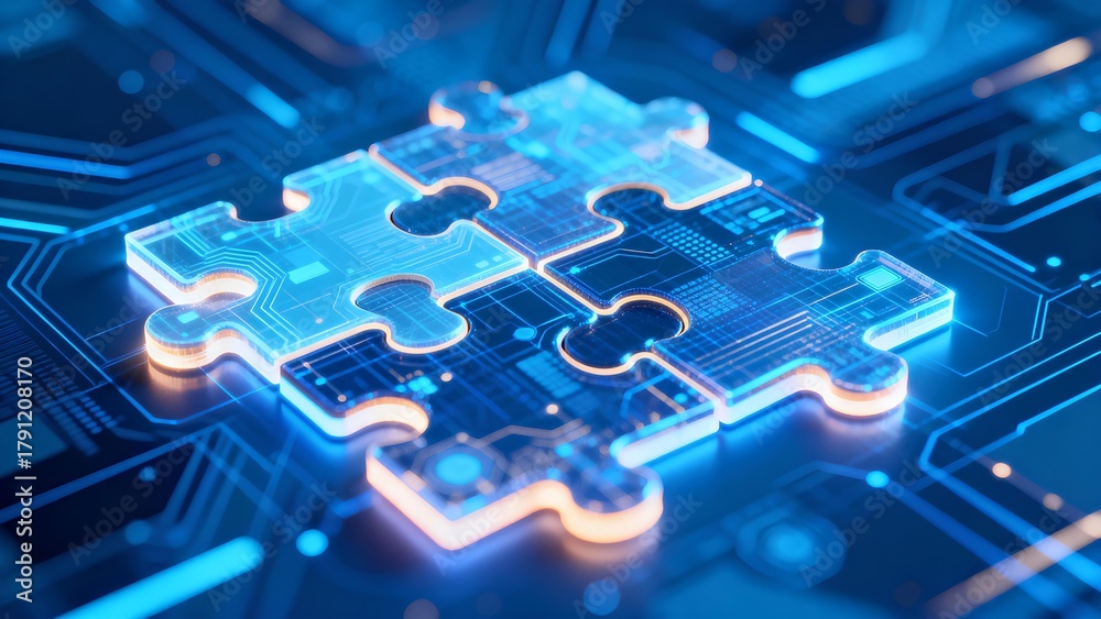 © lamin - Futuristic digital puzzle pieces interlocking on glowing blue abstract background, symbolizing technology innovation, API integration, automation, cloud network connectivity, artificial intelligence © lamin - Futuristic digital puzzle pieces interlocking on glowing blue abstract background, symbolizing technology innovation, API integration, automation, cloud network connectivity, artificial intelligence