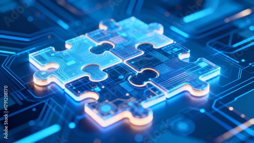 Futuristic digital puzzle pieces interlocking on glowing blue abstract background, symbolizing technology innovation, API integration, automation, cloud network connectivity, artificial intelligence