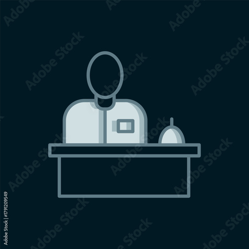 Line Receptionist standing at hotel reception desk icon isolated on black background. Flat filled outline style with shadow. Vector