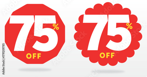 75% off, percent, offer, purchase, red, retail, shop, percent, promo, discount, payment. Icon, set, vector, market, sticker, sale. Value, balloon, price, liquidation