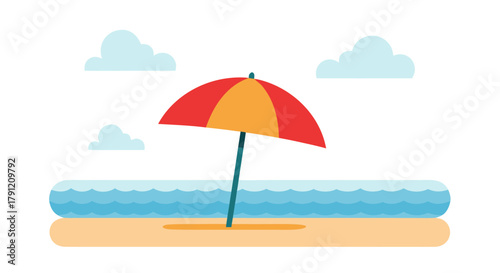 A sunny day at the beach with an umbrella and a calm blue sea