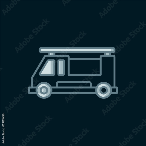 Line Fire truck icon isolated on black background. Fire engine. Firefighters emergency vehicle. Flat filled outline style with shadow. Vector
