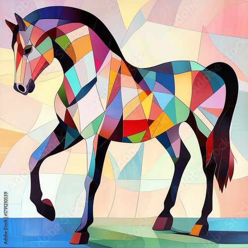 Colorful abstract horse standing against a geometric background  