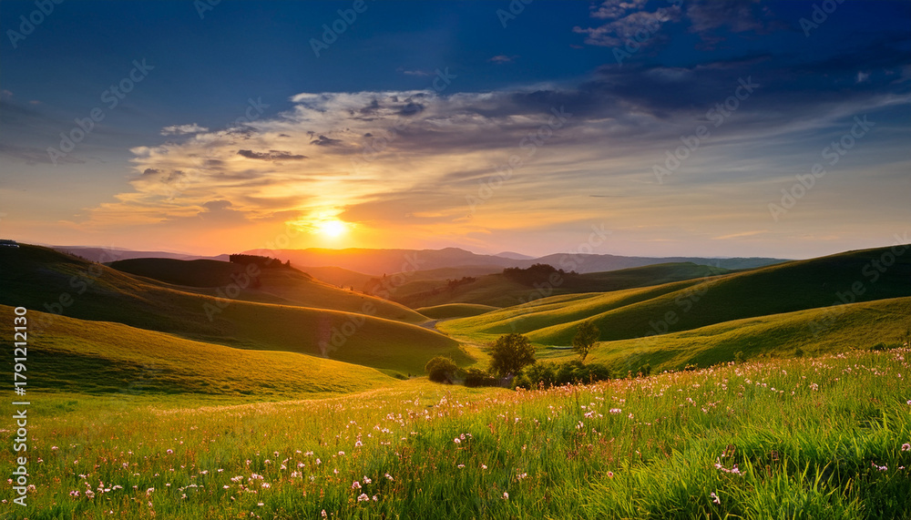Fototapeta premium Serene Sunset Over Rolling Hills And Meadow