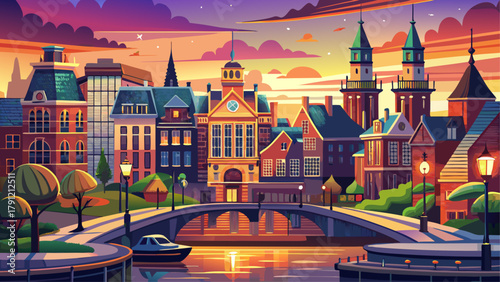 Very beautiful city scenic view of Amsterdam with the Dam Square in the Netherlands at sunset, showing historic architecture, warm lights, and lively European atmosphere.