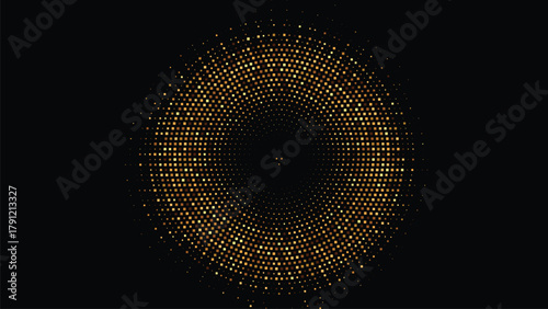 Dark golden halftone circular pattern on black background, luminous digital dots design, elegant abstract futuristic texture, modern geometric circle glowing with light and symmetry