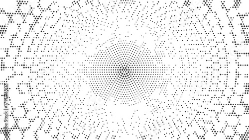 Abstract black halftone circular background, dotted radial optical illusion pattern, modern minimal vector geometric texture for futuristic graphic and digital designs