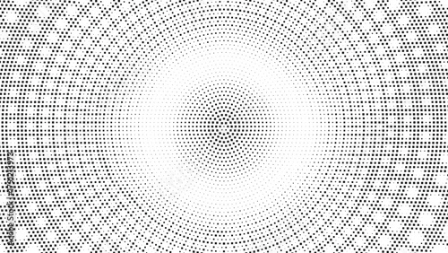 Abstract circular halftone optical pattern, black dots geometric symmetry texture, modern digital vector background with gradient and illusion effect for minimalist design