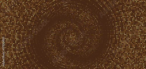 Golden abstract halftone spiral dots pattern on brown background, glowing circular texture, luminous futuristic geometric vector design, elegant light art composition