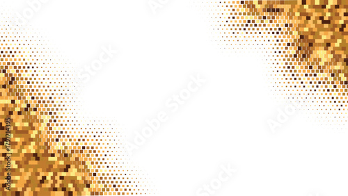 Golden mosaic halftone corner pattern, luxury abstract dotted design with glowing gradient texture, modern vector background for festive celebration and elegant concepts