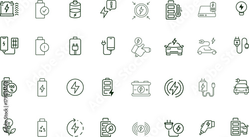 Electric Vehicle & Charging Vector Icons. Set of 32 green grey line art symbols for EV technology, power stations, and battery status. Includes car, plug, and lightning bolt