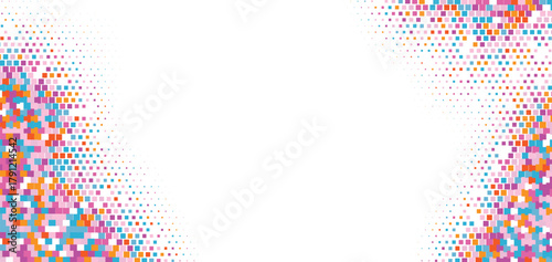 Colorful halftone mosaic corner pattern, abstract bright dotted texture with pink blue and orange tones, modern geometric vector background, festive digital design concept