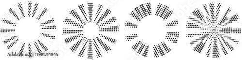Set of abstract halftone radial patterns, black dotted circular designs, optical illusion geometric textures, modern vector collection for futuristic minimal digital backgrounds