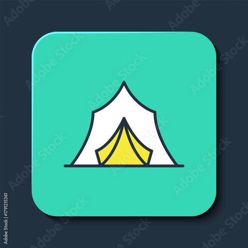 Filled outline Circus tent icon isolated on blue background. Carnival camping tent. Amusement park. Turquoise square button. Vector