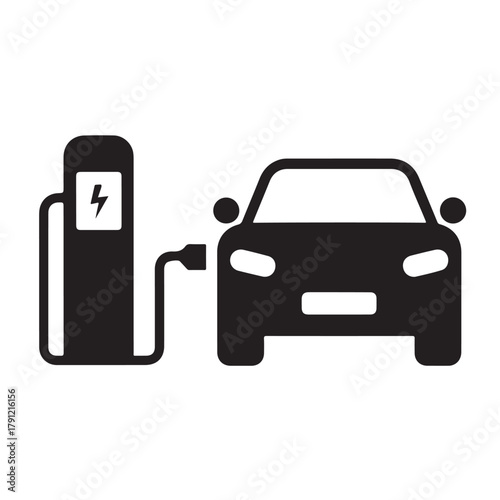 Electric Car Charging Station Icon – EV Vehicle Charge Point Symbol, Eco Energy, and Sustainable Transport Vector Design.