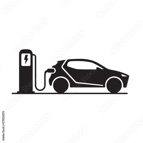 Electric Car Charging Station Icon – EV Vehicle Charge Point Symbol, Eco Energy, and Sustainable Transport Vector Design.