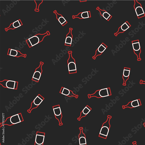 Line Bottle of wine icon isolated seamless pattern on black background. Vector