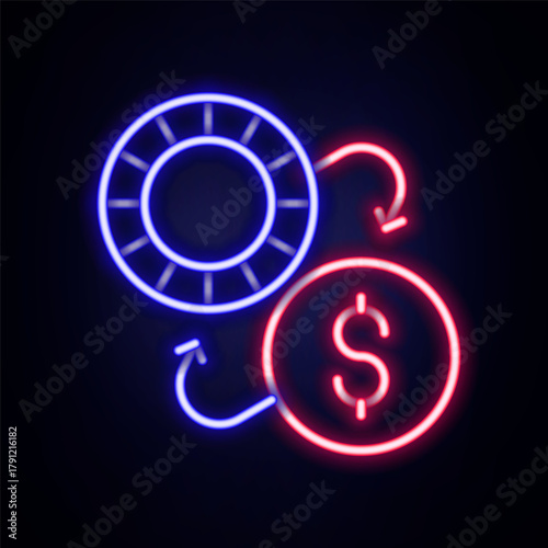 Glowing neon line Casino chips exchange on dollar icon isolated on brick wall background. Colorful outline concept. Vector