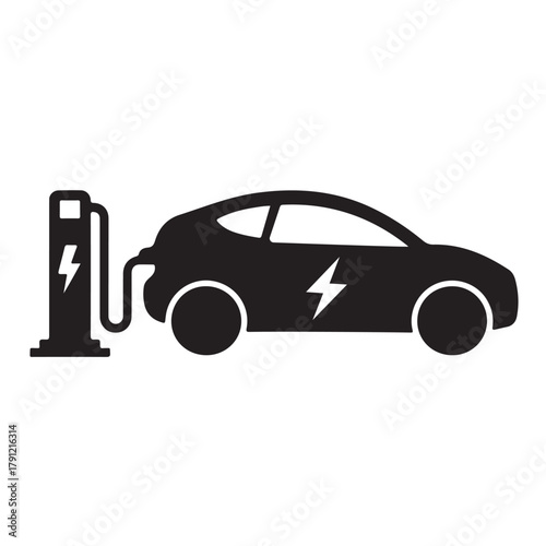 Electric Car Charging Station Icon – EV Vehicle Charge Point Symbol, Eco Energy, and Sustainable Transport Vector Design.