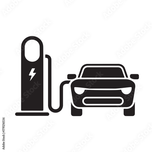 Electric Car Charging Station Icon – EV Vehicle Charge Point Symbol, Eco Energy, and Sustainable Transport Vector Design.