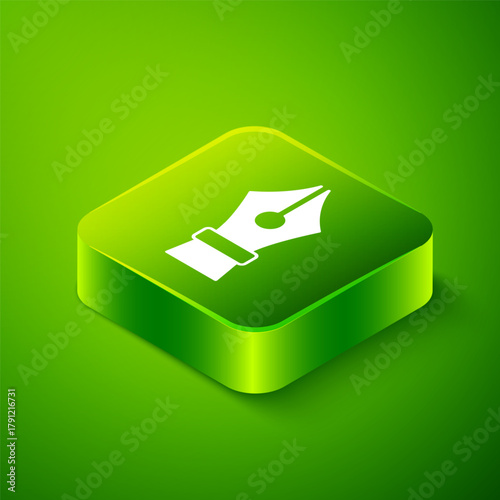 Isometric Fountain pen nib icon isolated on green background. Pen tool sign. Green square button. Vector