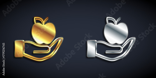 Gold and silver Apple icon isolated on black background. Excess weight. Healthy diet menu. Fitness diet apple. Long shadow style. Vector