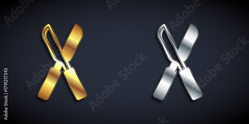 Gold and silver Gardening handmade scissors for trimming icon isolated on black background. Pruning shears with wooden handles. Long shadow style. Vector
