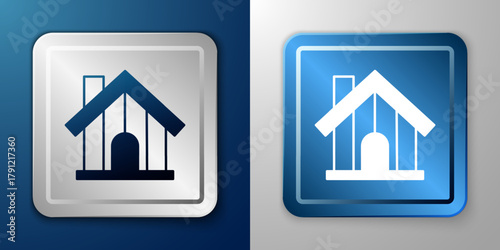 White Farm house icon isolated on blue and grey background. Silver and blue square button. Vector