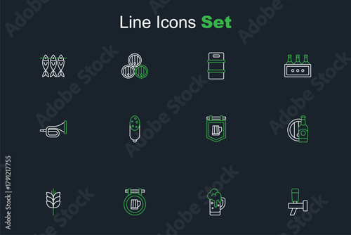 Set line Beer tap, Glass of beer, Street signboard with, Wheat, bottle and wooden barrel, Salami sausage and Trumpet icon. Vector