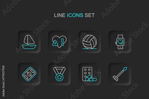 Set line Medieval arrows, Sports doping with dumbbell, Medal, Football field, Smart watch heart, Volleyball, Heart rate and Yacht sailboat icon. Vector