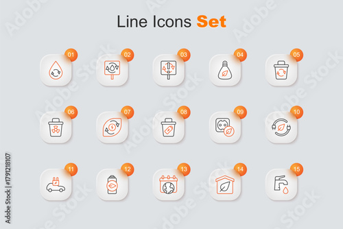 Set line Water tap, Eco friendly house, World Earth day, nature leaf battery, Electric car, saving plug in, Electrical outlet and Trash can icon. Vector