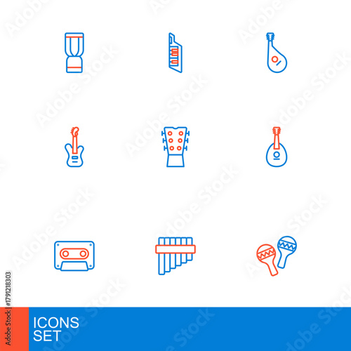Set line Maracas, Pan flute, Retro audio cassette tape, Mandolin, Electric bass guitar, Guitar neck, Bandura and Keytar icon. Vector