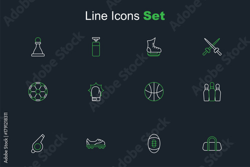 Set line Sport bag, American Football ball, shoes, Whistle, Bowling pin, Basketball, Punch boxing gloves and Soccer football icon. Vector