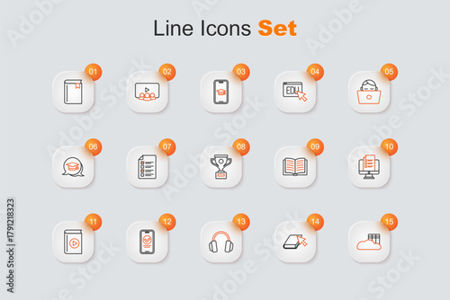 Set line Cloud or online library, Online book, Headphones, quiz, test, survey, Audio, Open and Award cup icon. Vector
