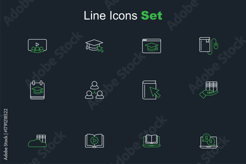 Set line Question and Answer, Online class, Audio book, Cloud or online library, Book donation, and education icon. Vector