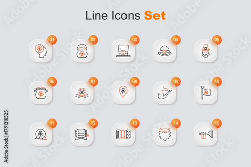 Set line Trumpet, Mustache and beard, Accordion, Wooden barrel rack, Clover trefoil leaf, Ireland flag with clover, Smoking pipe and Balloon icon. Vector