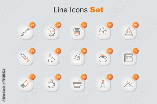Set line Magic powder, Burning candle, Witch cauldron, stone ring, Hand saw, Antique treasure chest, Poison apple and Game thimbles icon. Vector