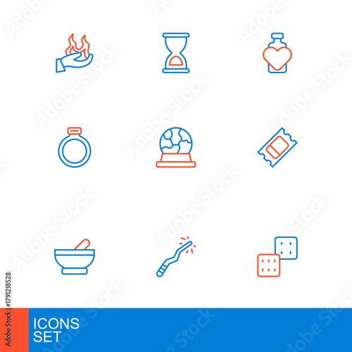 Set line Game dice, Magic wand, Witch cauldron, Circus ticket, stone ring, ball, Bottle with love potion and Old hourglass icon. Vector