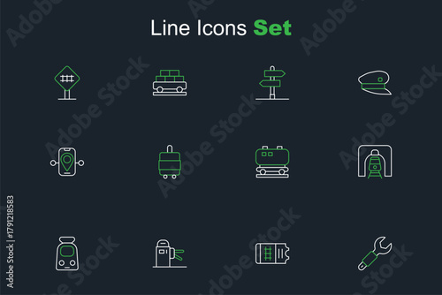 Set line Wrench spanner, Train ticket, Turnstile, and railway, tunnel, Oil cistern, Suitcase and Route location icon. Vector