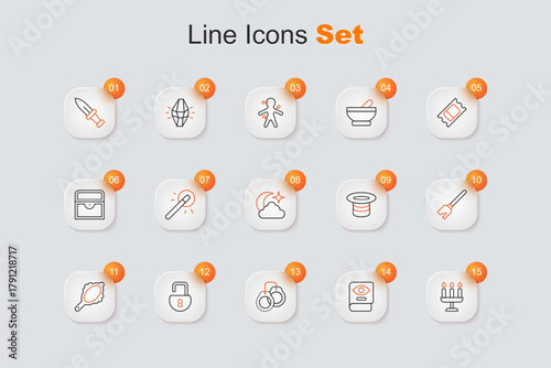 Set line Candlestick, Ancient magic book, Handcuffs, Open padlock, Magic hand mirror, Witches broom, hat and Moon stars icon. Vector