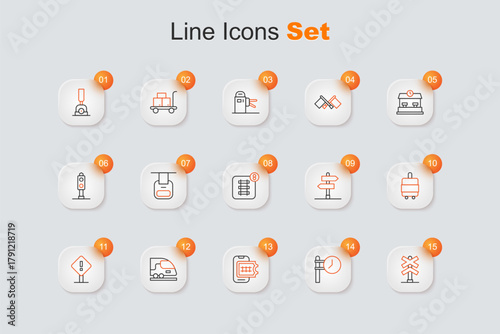 Set line Railroad crossing, Train station clock, Online ticket booking, High-speed train, Exclamation mark square, Suitcase, Road traffic sign and icon. Vector