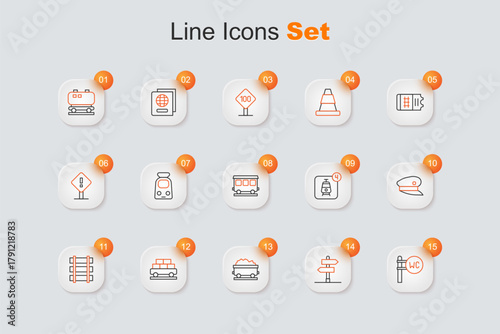 Set line Toilet, Road traffic sign, Coal train wagon, Cargo, Railway barrier, Train driver hat, Online ticket booking and Passenger cars icon. Vector