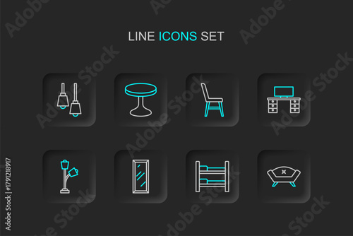 Set line Sofa, Bunk bed, Big full length mirror, Floor lamp, Office desk, Chair, Round table and Library bookshelf icon. Vector