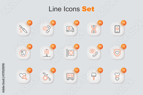 Set line Ethnoscience, Dental implant, Monitor with cardiogram, Wheelchair for disabled person, Medical heart inspection, Immune system, Emergency call 911 and - Star of Life icon. Vector