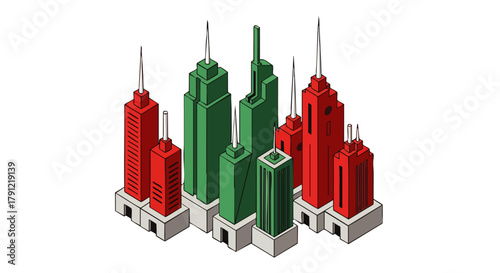 Isometric illustration showcasing a collection of colorful, modern skyscrapers with various architectural designs and spires, representing urban development.