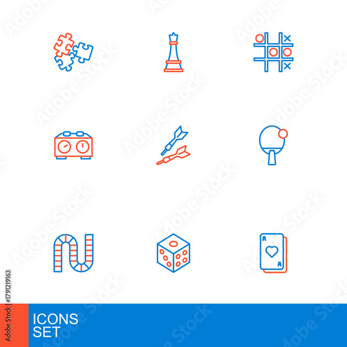 Set line Playing cards, Game dice, Board game, Racket, Time chess clock, Dart arrow, Tic tac toe and Chess icon. Vector