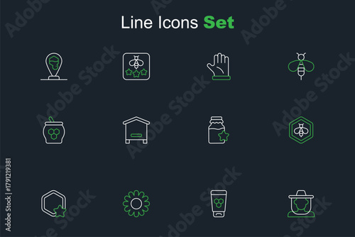 Set line Beekeeper with protect hat, Cosmetic tube honey, Flower, Honeycomb, and honeycomb, Jar of, Hive for bees and dipper stick icon. Vector