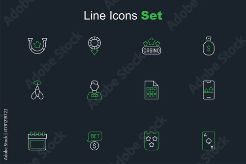 Set line Playing card with spades symbol, Lottery ticket, Casino chip dollar, Calendar, Online sports betting, dealer and Dart arrow icon. Vector
