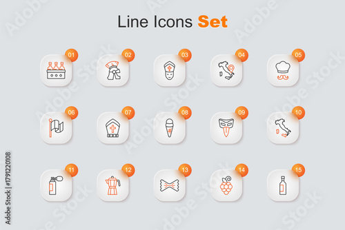 Set line Bottle of wine, Grape fruit, Macaroni, Coffee maker moca pot, Perfume, Map Italy, Carnival mask and Ice cream waffle icon. Vector