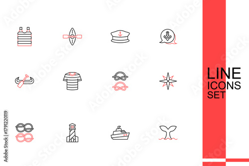 Set line Whale tail, Speedboat, Lighthouse, Nautical rope knots, Wind rose, Striped sailor t-shirt and Kayak and paddle icon. Vector